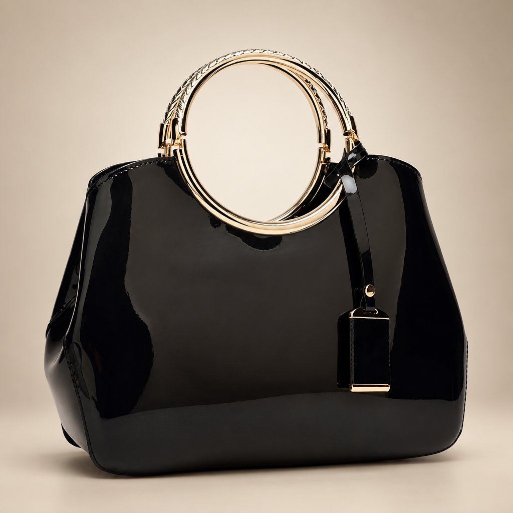 Women's ring-handle bag in black on a warm ivory/taupe studio background