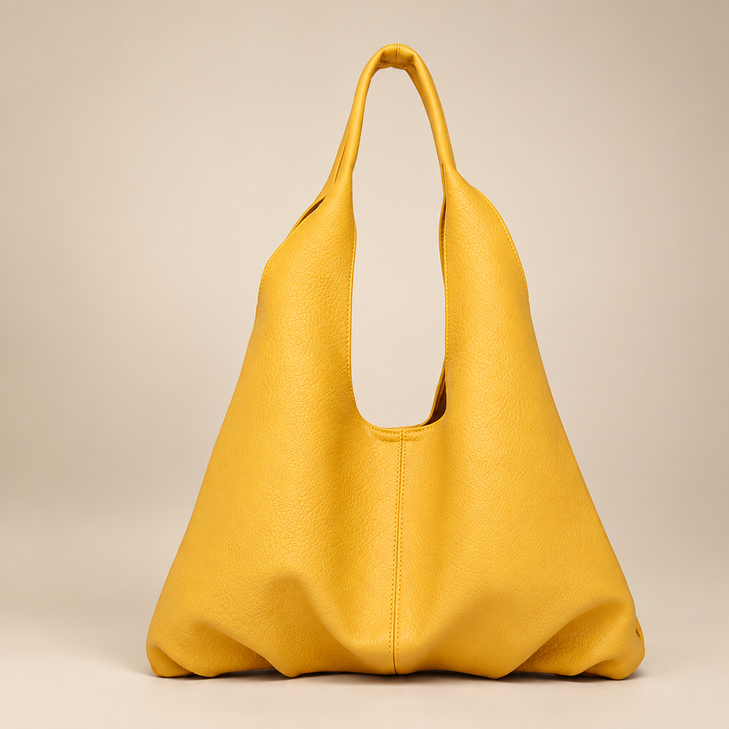 Women's slouchy shoulder tote in yellow on a warm ivory/taupe studio background