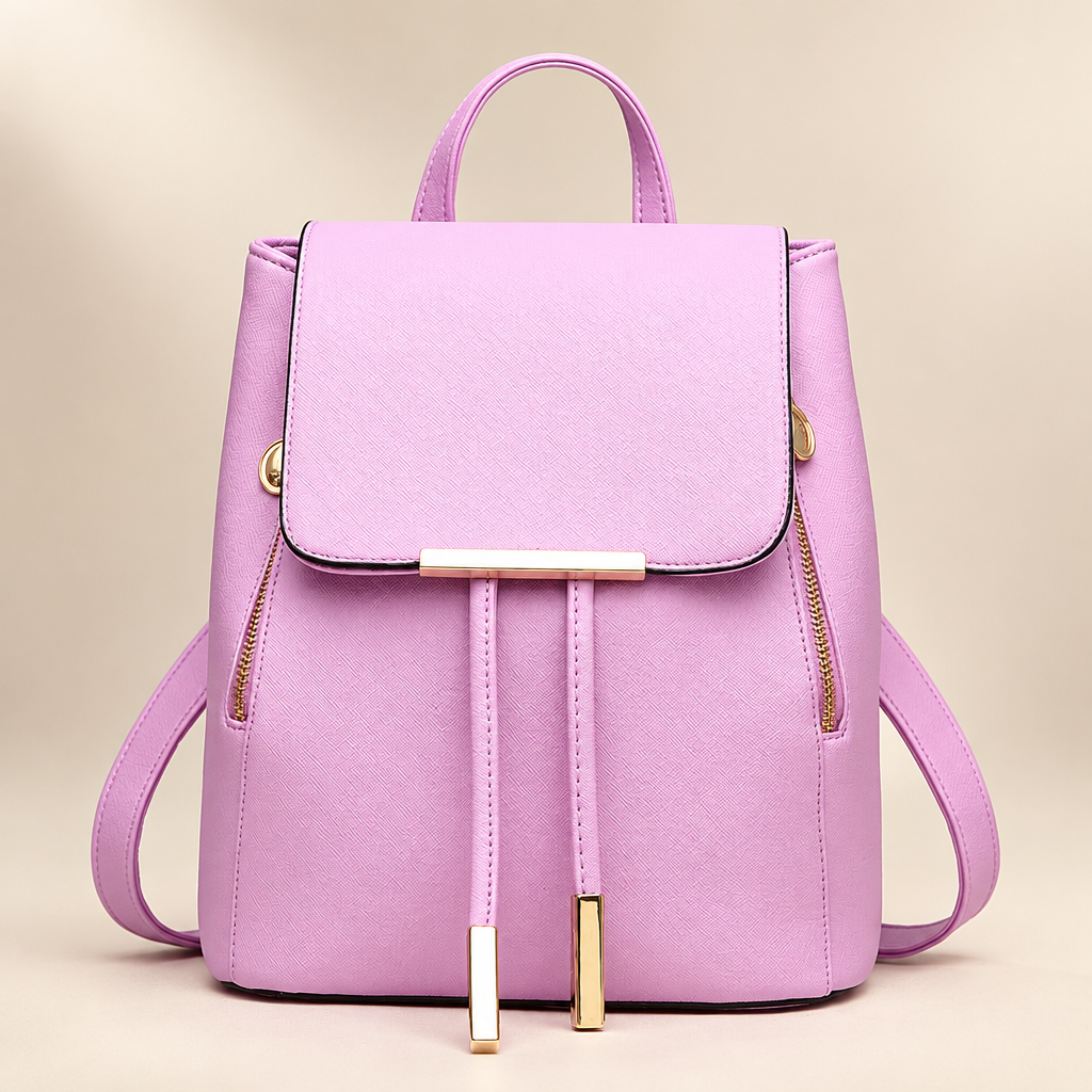 Women's flap backpack in lavender on a warm ivory/taupe studio background
