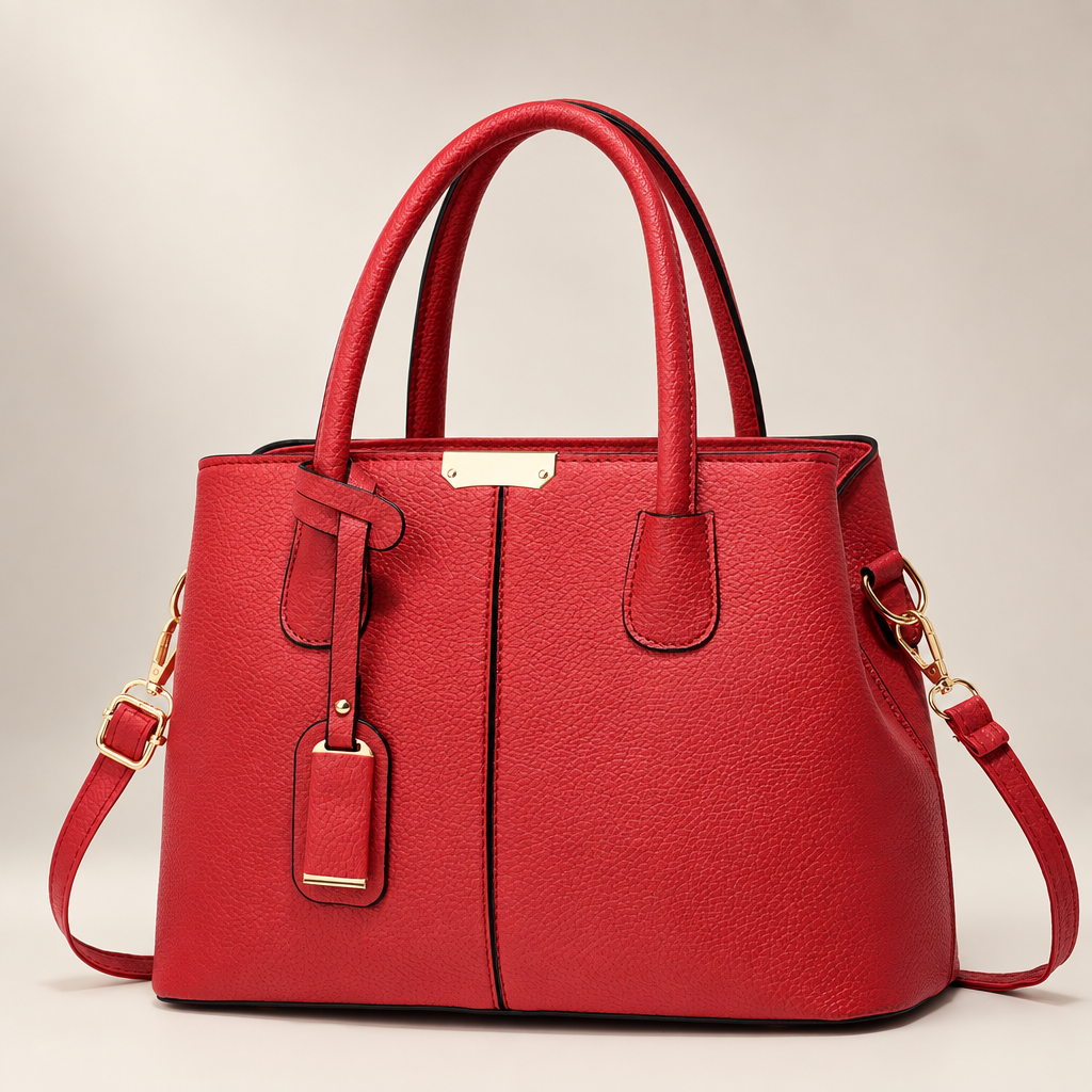 Red tote bag on warm ivory studio background