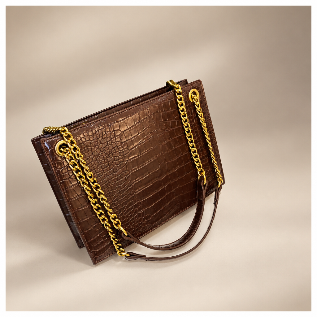 Coffee crocodile-pattern shoulder bag with gold chain straps on a warm ivory and taupe studio background
