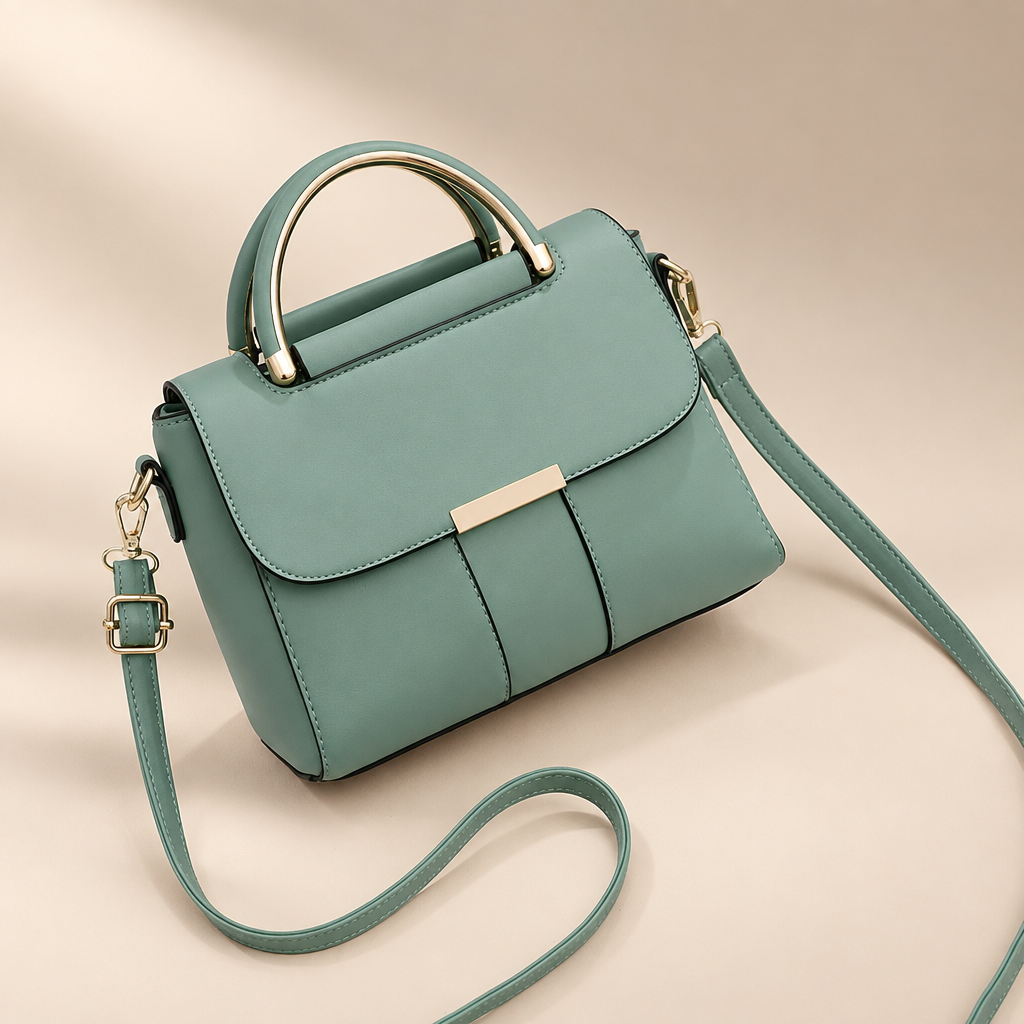 Women's structured ring-handle bag in green on a warm ivory/taupe studio background