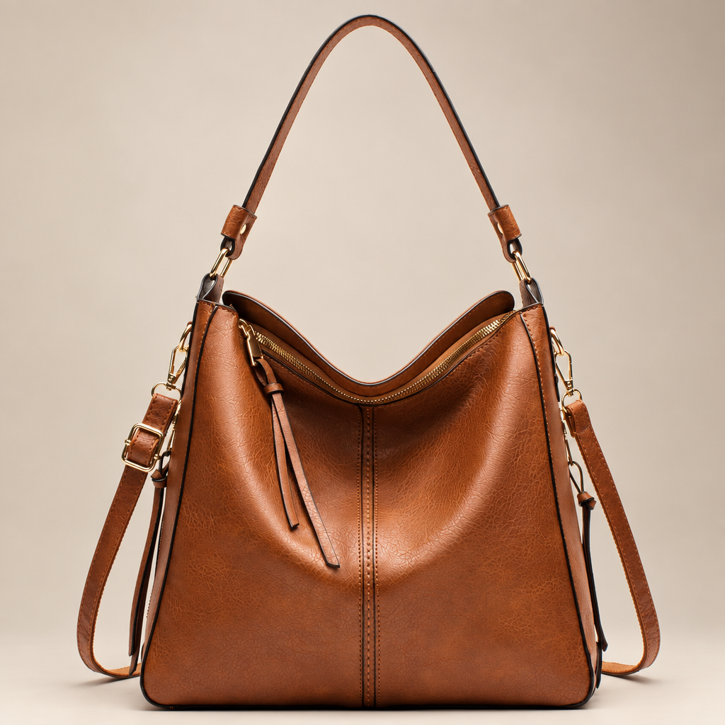 Tan hobo shoulder bag on warm ivory studio background