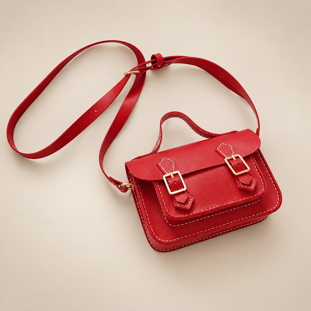 Red twin-buckle satchel bag on a warm ivory studio background