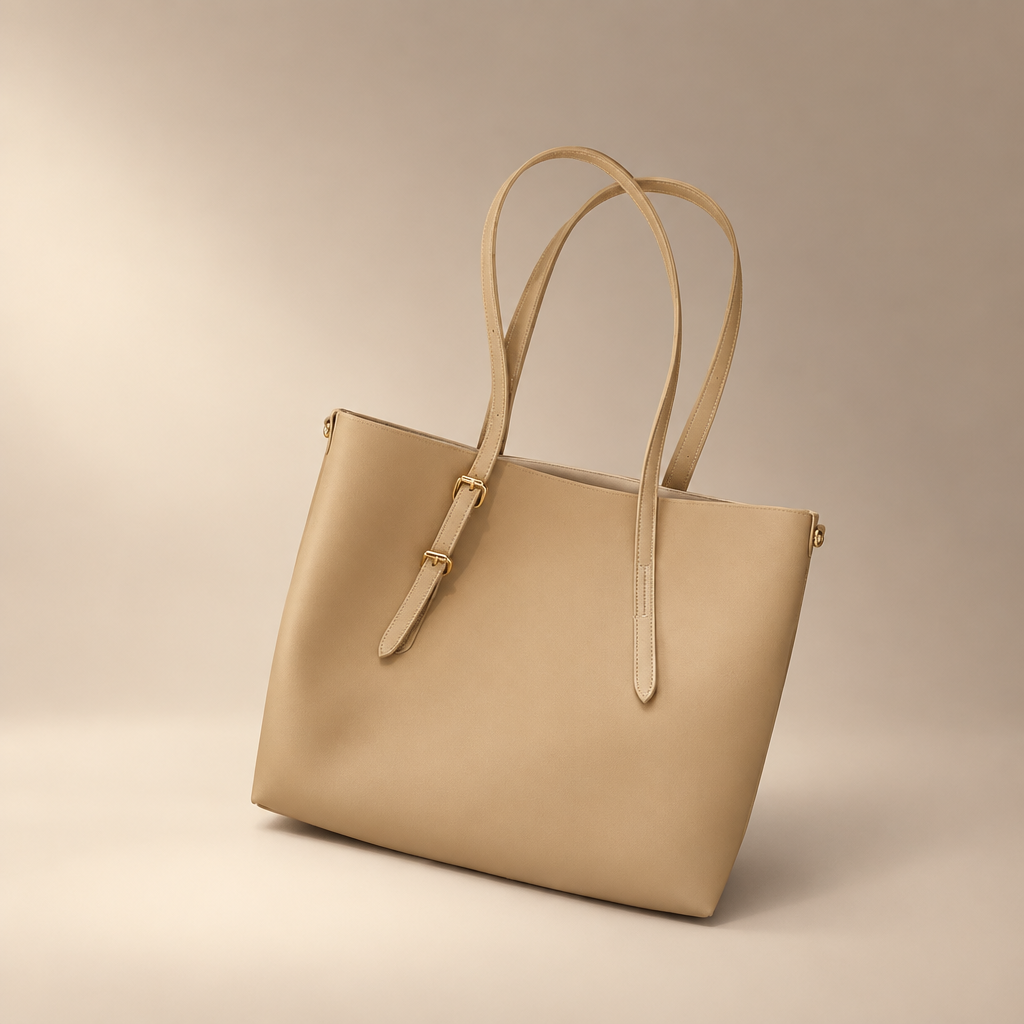 Khaki PU tote bag against a warm ivory and taupe studio background