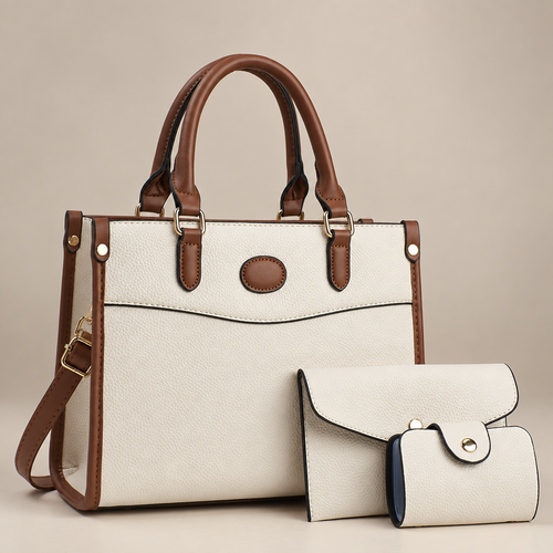 Beige three-piece shoulder bag set on warm ivory studio background