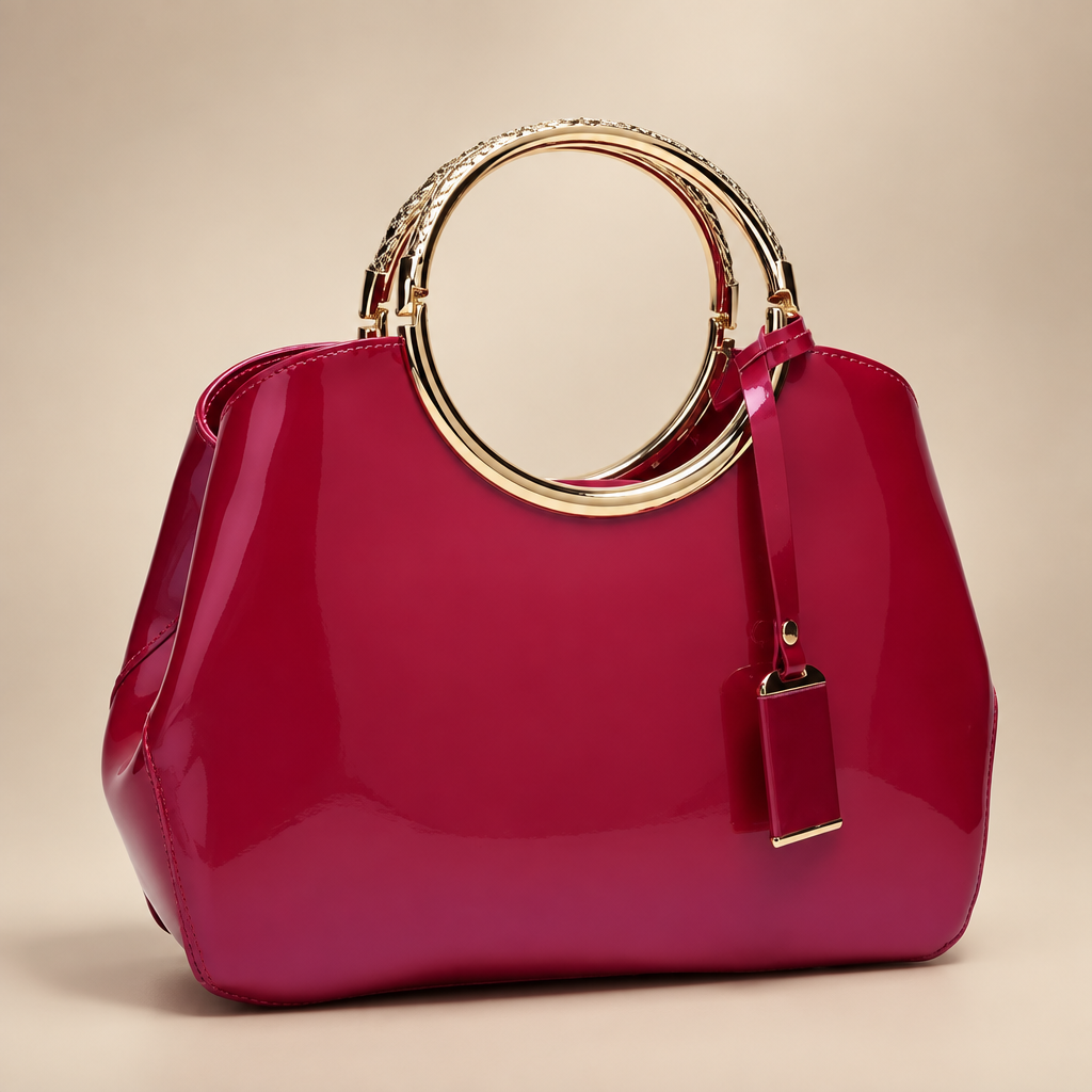 Women's ring-handle bag in rose red on a warm ivory/taupe studio background
