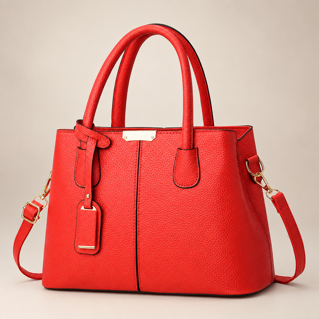 Bright Red tote bag on warm ivory studio background