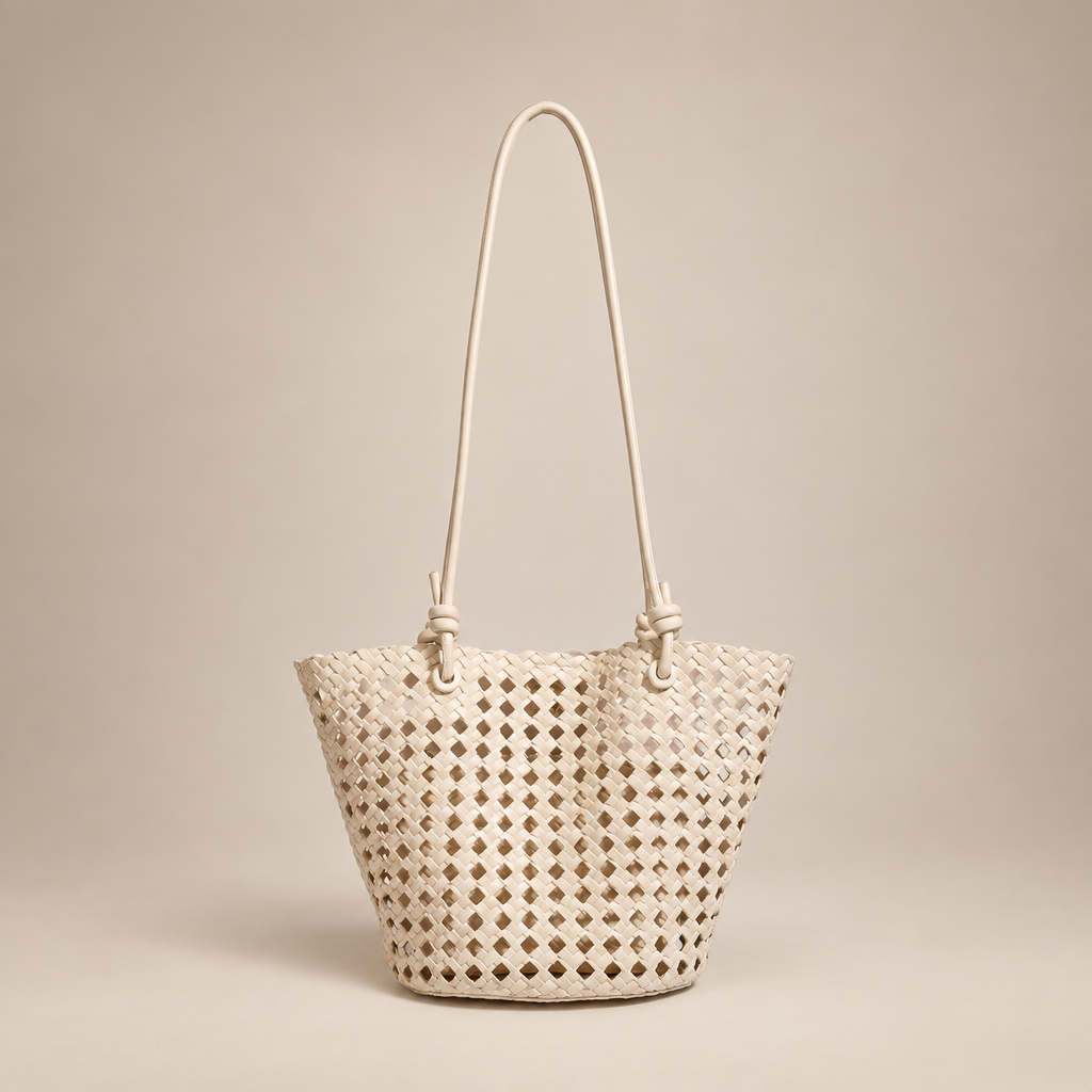 Cream open-weave bucket bag on an ivory studio background