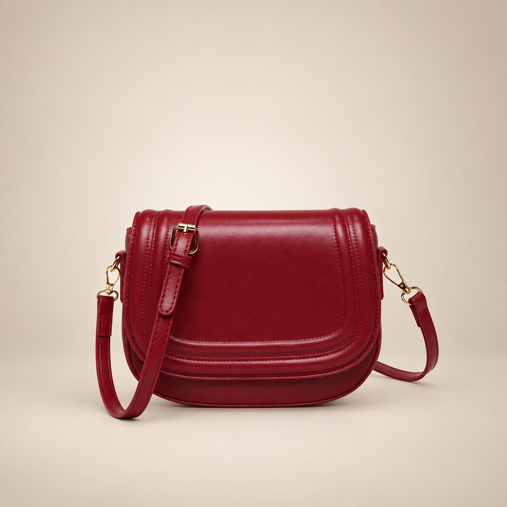 Wine red curved-flap crossbody bag on a warm ivory studio background