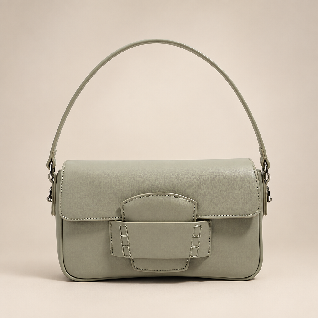 Muted sage-toned flap shoulder bag on a warm ivory studio background