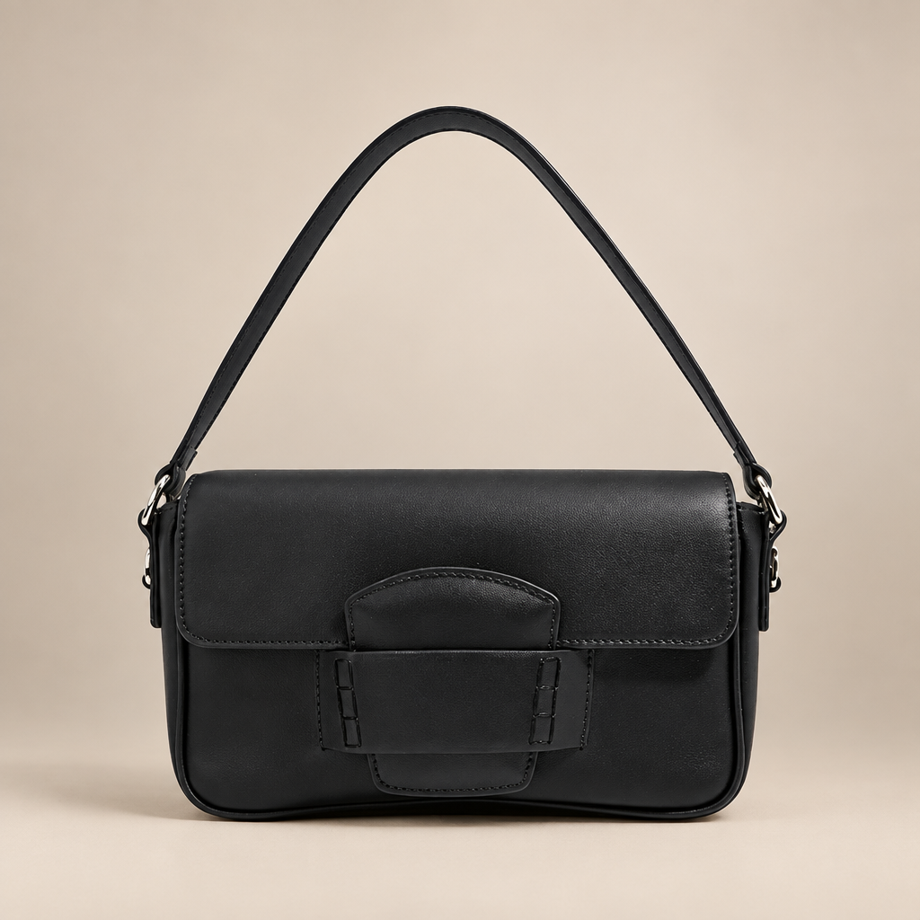 Black flap shoulder bag on a warm ivory studio background