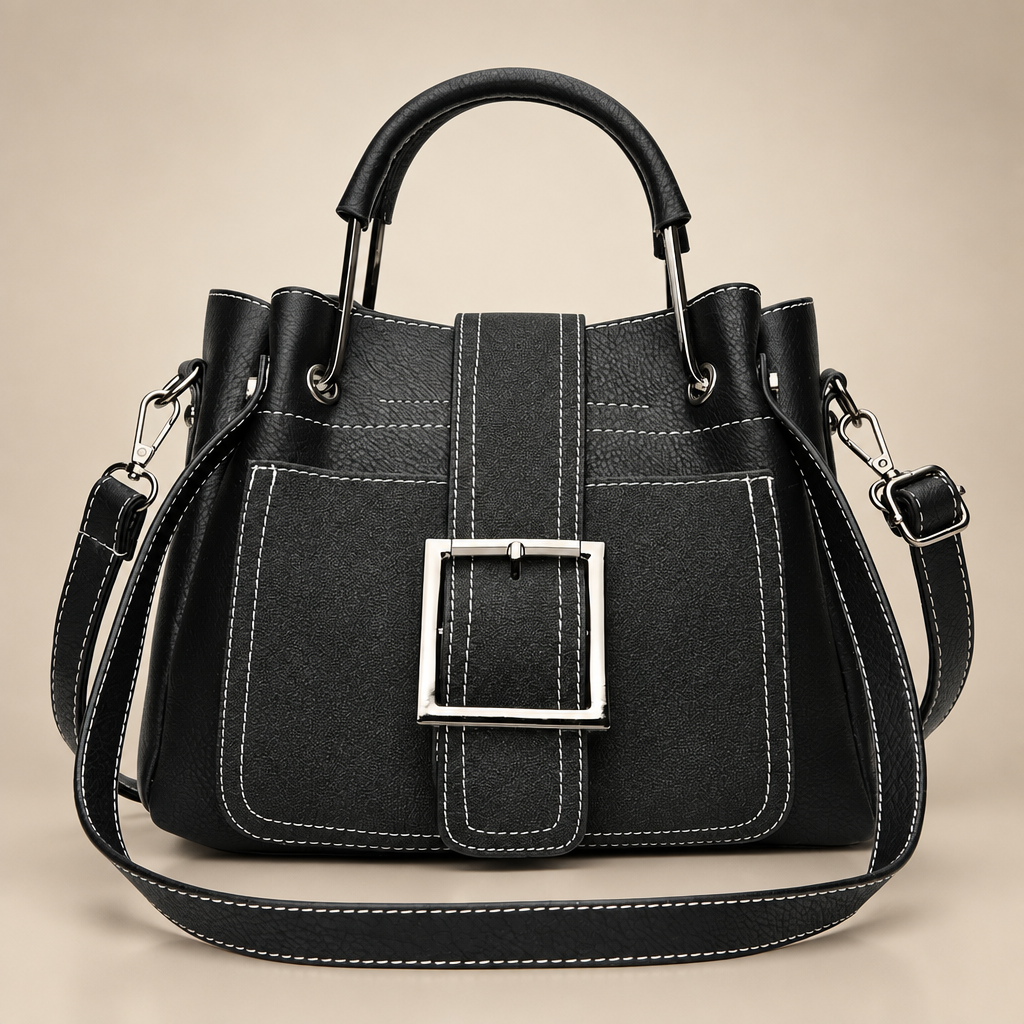 Black buckle handbag on a warm ivory studio background