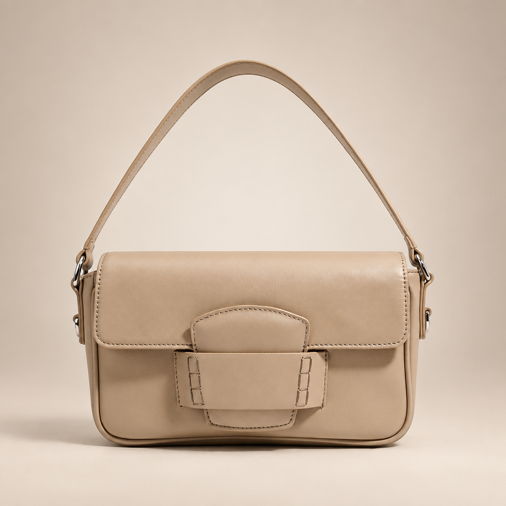 Beige flap shoulder bag on a warm ivory studio background