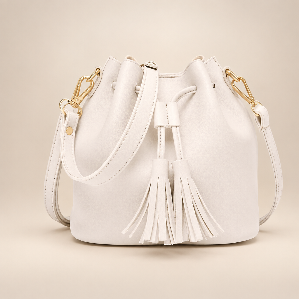 Off-white tassel drawstring bucket bag on a warm ivory studio background
