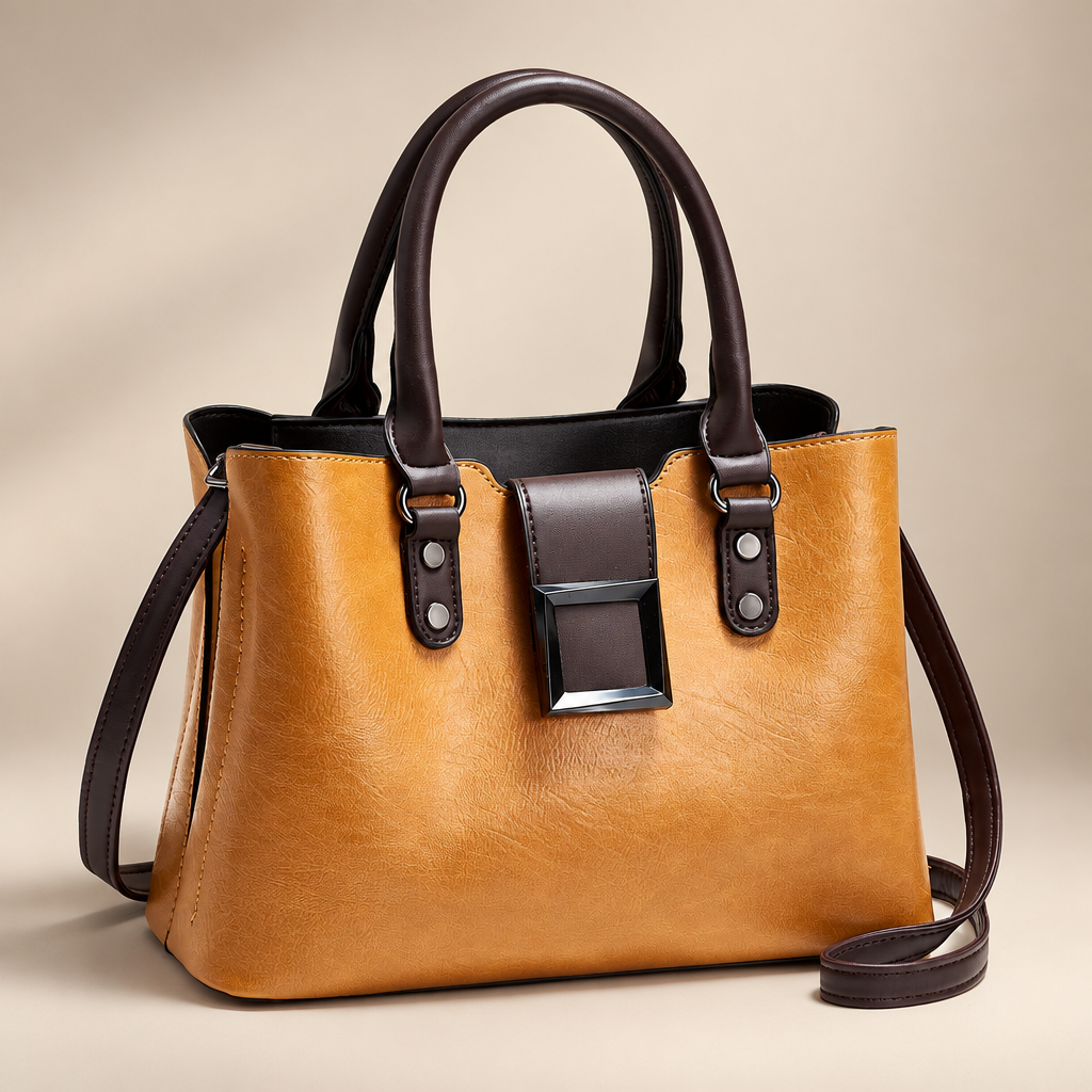 Women's structured buckle tote in turmeric on a warm ivory/taupe studio background
