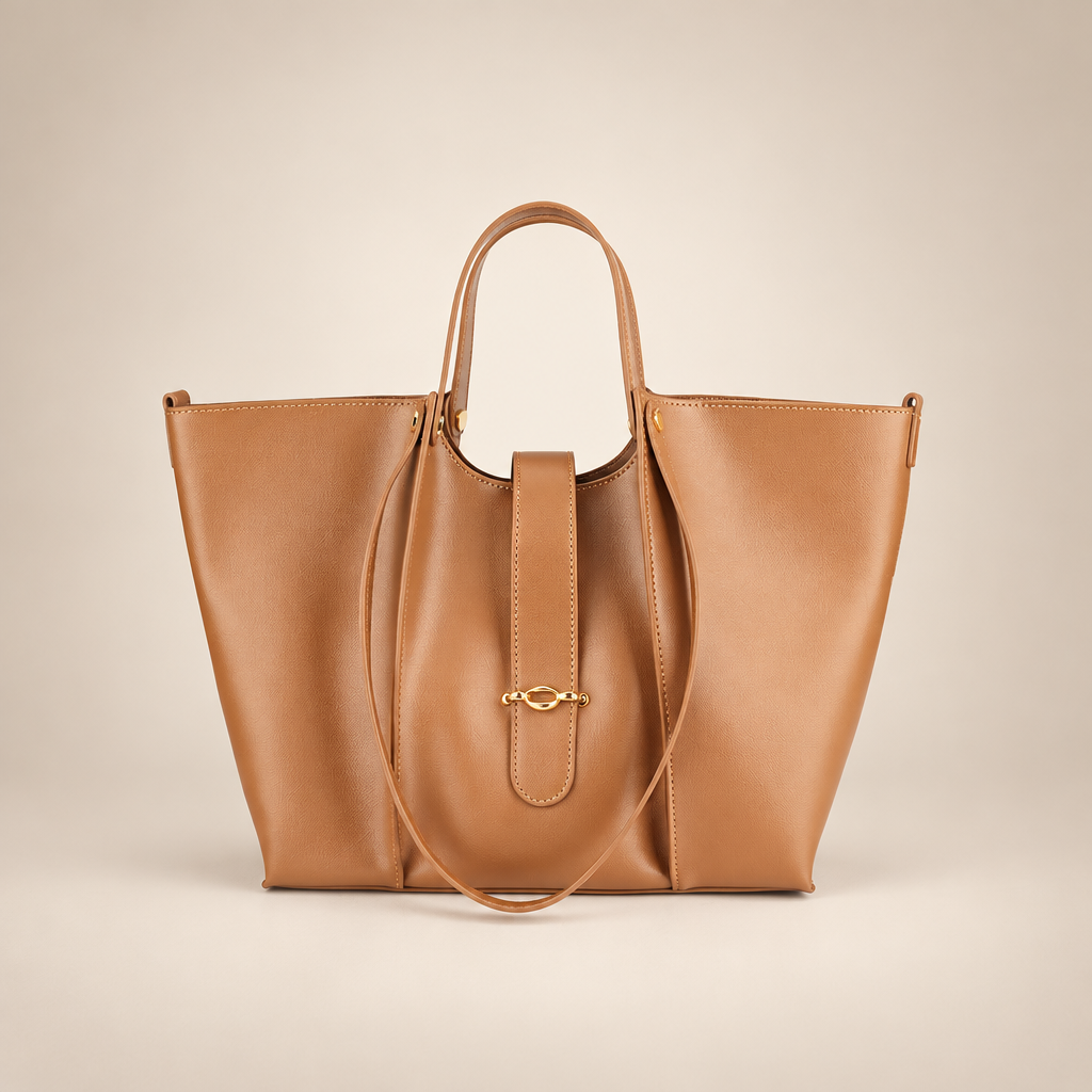Tan tote bag with gold-tone oval hardware and long strap on a warm ivory studio background