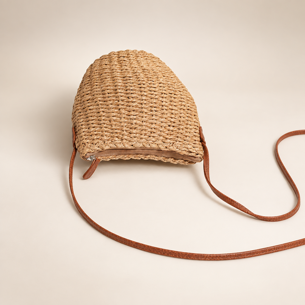 Natural woven basket crossbody bag with zipper visible, lying flat on an ivory studio background