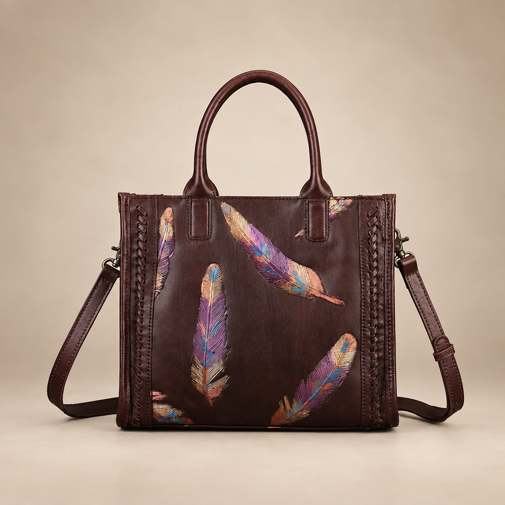 Dark brown handbag with colourful feather motifs on a warm ivory studio background