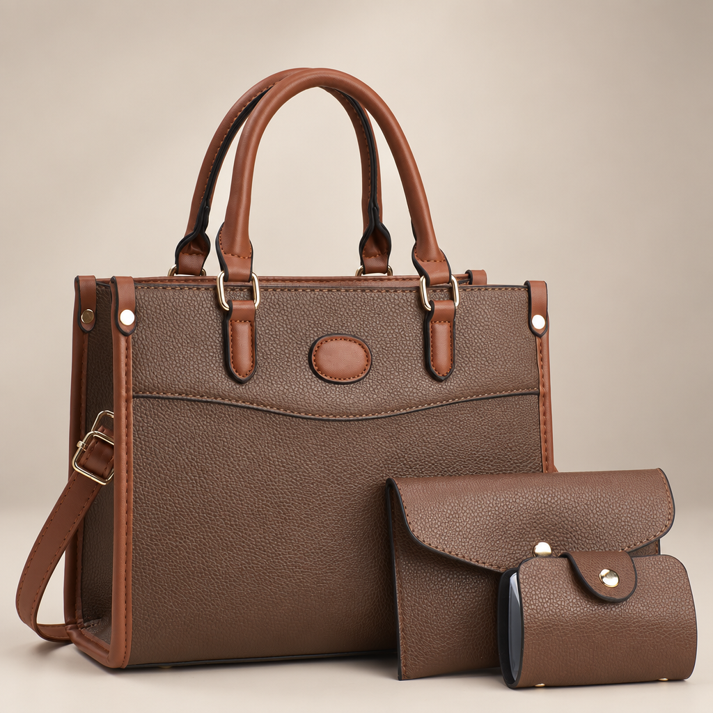 Brown three-piece shoulder bag set on warm ivory studio background