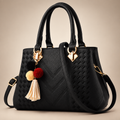 Black textured handbag on warm ivory studio background