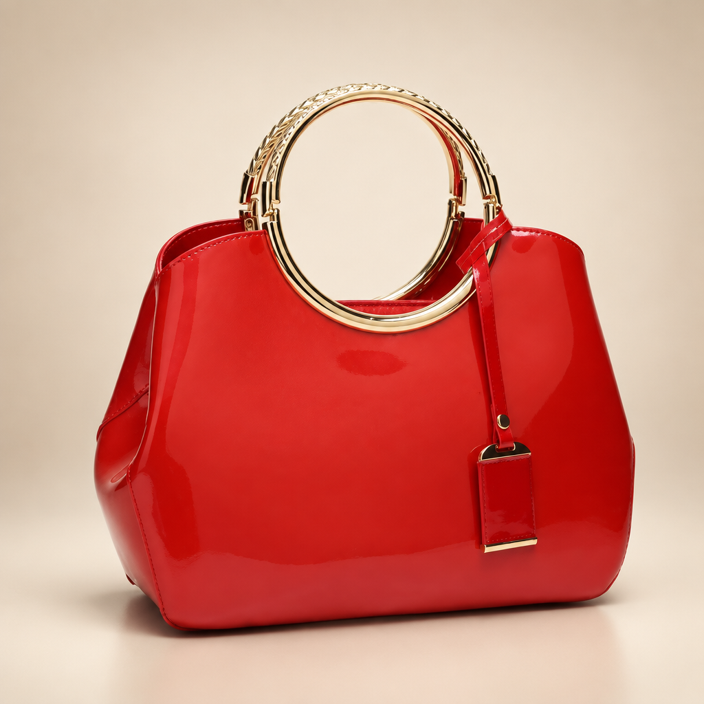 Women's ring-handle bag in red on a warm ivory/taupe studio background