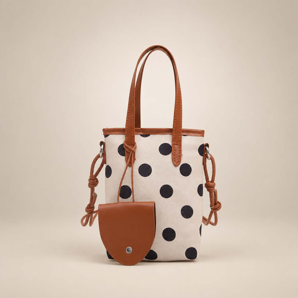Cream polka-dot bucket bag with brown handles and pouch on a warm ivory studio background