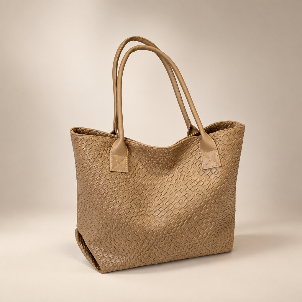 Khaki woven PU shoulder bag with double straps on a warm ivory and taupe studio background