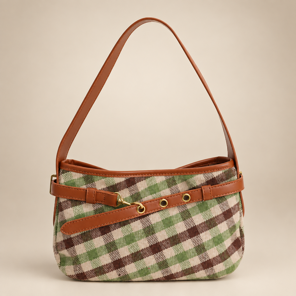 Green and cream plaid baguette bag with tan trim on a warm ivory studio background