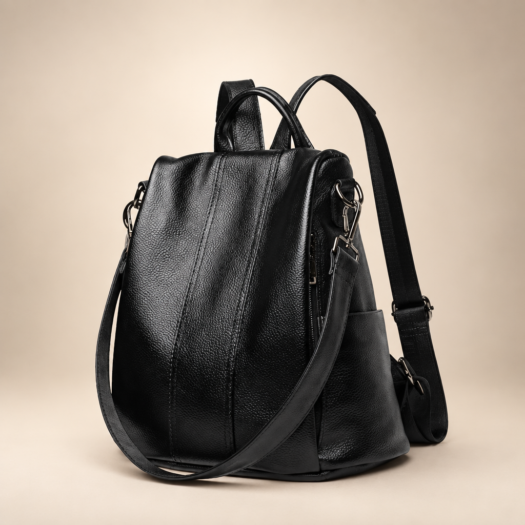 Black genuine leather backpack against a warm ivory and taupe studio background