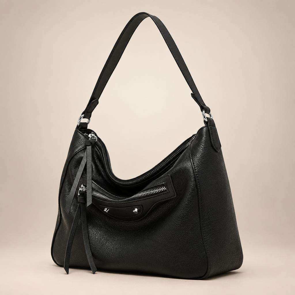 Black slouch handbag with silver zips on a warm ivory studio background