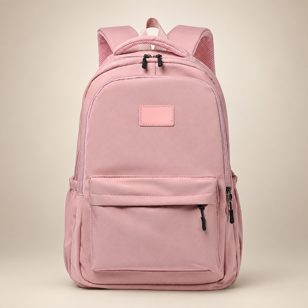 Women's Oxford campus backpack in pink on a warm ivory/taupe studio background