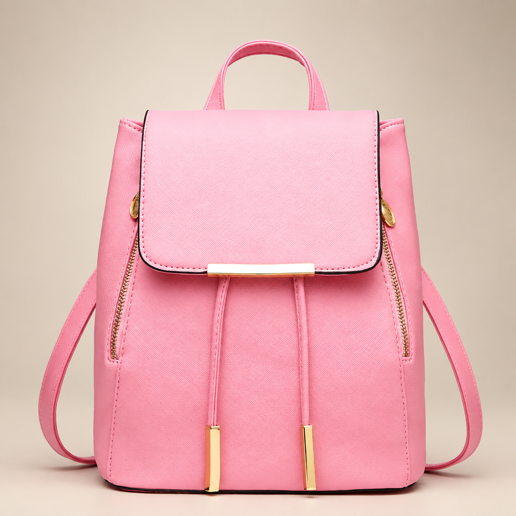 Women's flap backpack in light pink on a warm ivory/taupe studio background