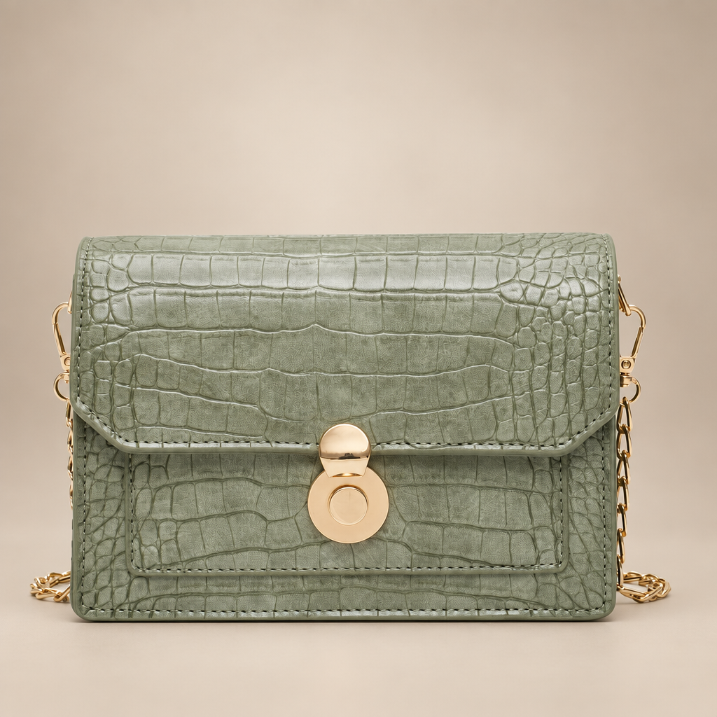 Sage green croc-embossed chain bag on a warm ivory studio background
